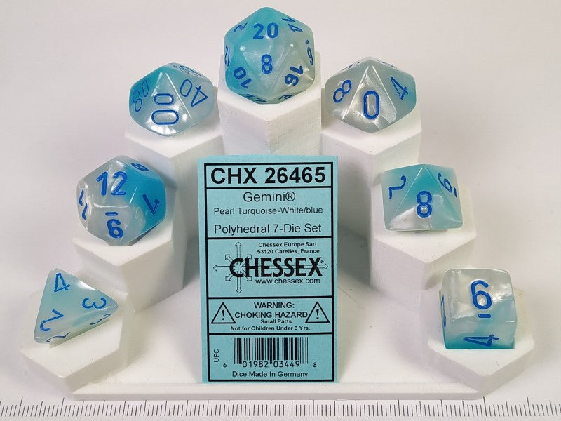 Set 7 polydice, Gemini Pearl Turq.-White w/blue