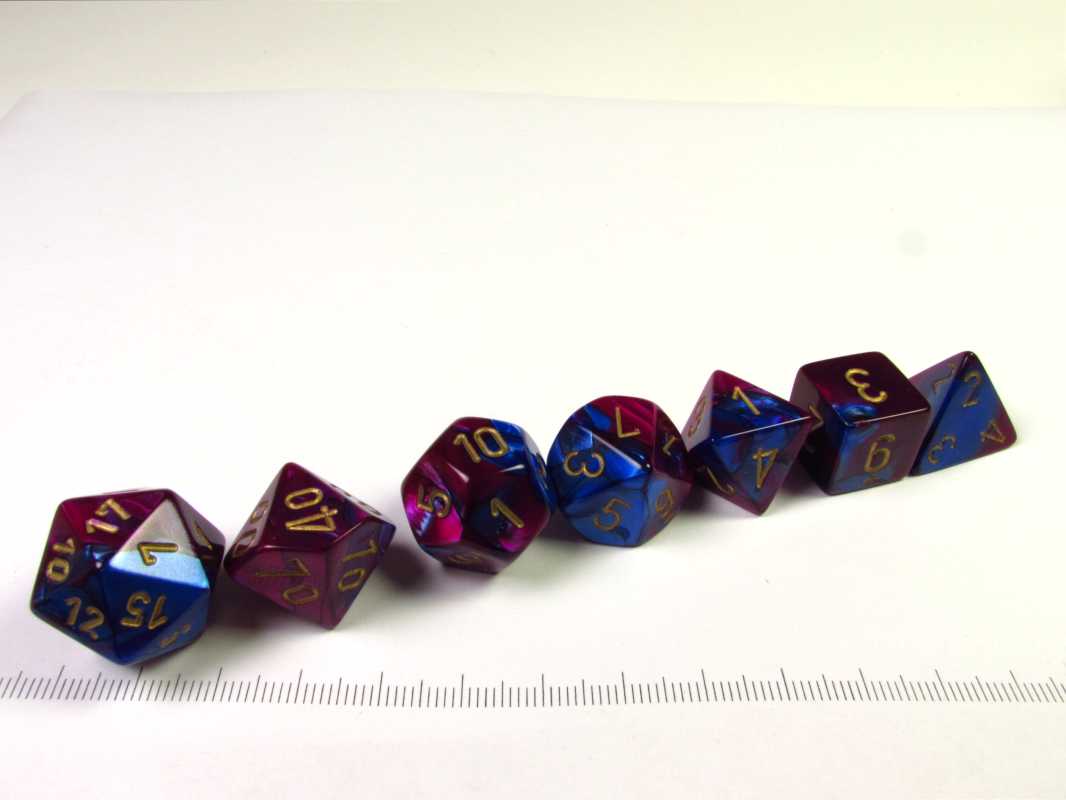 Set 7 polydice, Gemini blue-purple w/gold