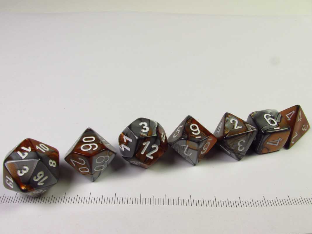 Set 7 polydice, Gemini copper-steel w/white