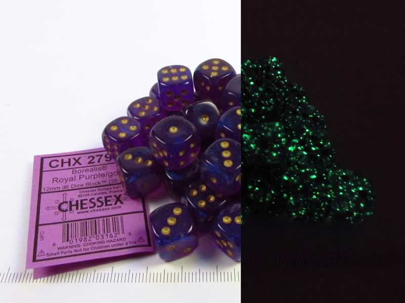 Set 36 6-zijdig, 12mm Borealis Luminary - Royal Purple w/gold