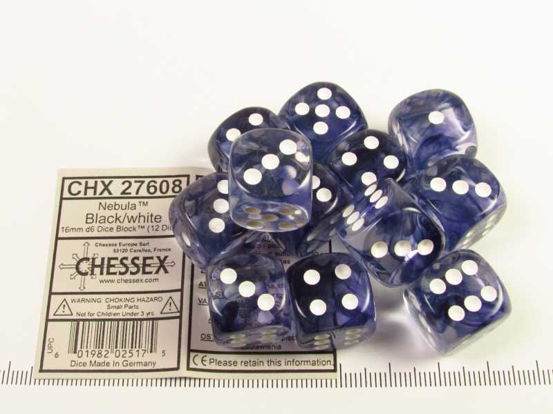 Set 12 st. 6-zijdig, 16mm Nebula black w/white
