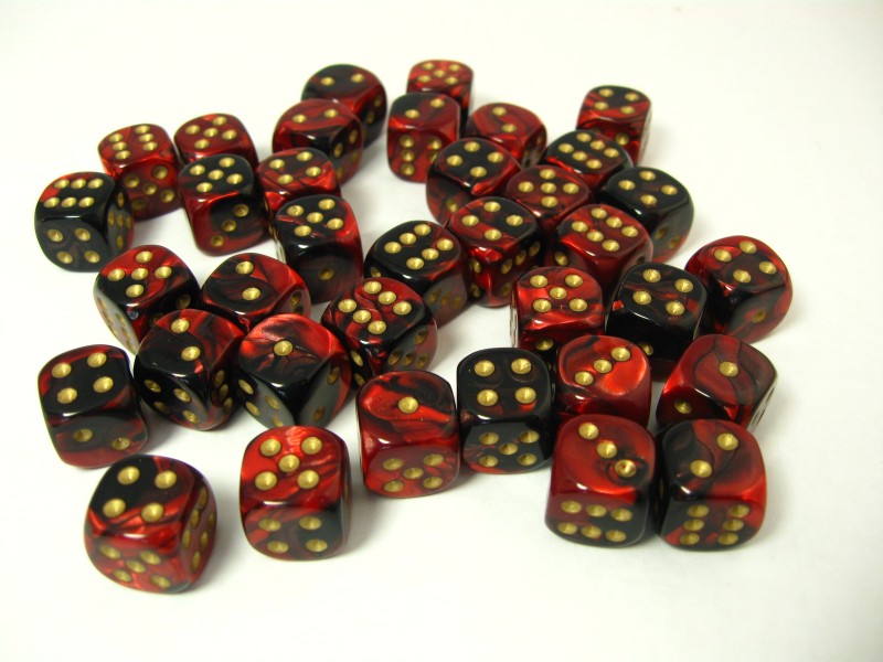 Set 36 st. 6-zijdig, 12mm Gemini black-red w/gold