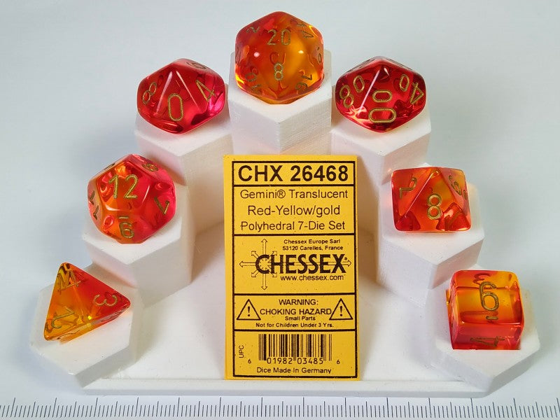 Set 7 polydice, Gemini Translucent Red-Yellow w/gold