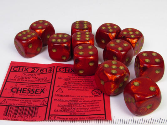 Set 12 6-zijdig, 16mm Scarab Scarlet w/gold