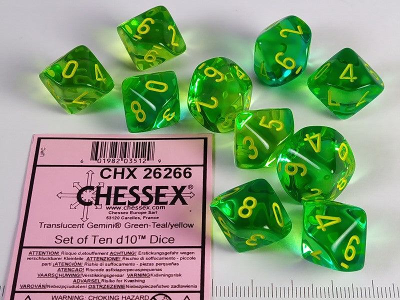 Set 10 10-zijdig, Gemini Translucent Green-Teal w/yellow