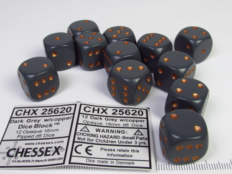 Set 12 6-zijdig, 16mm Dark Grey w/copper