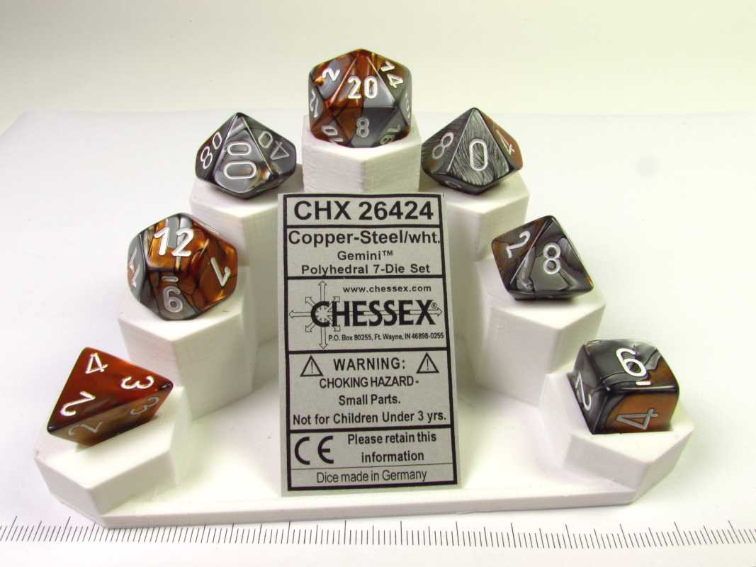 Set 7 polydice, Gemini copper-steel w/white