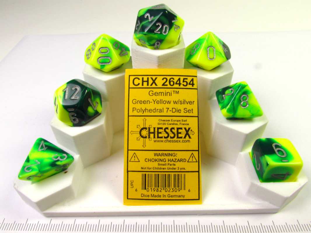 Set 7 polydice, Gemini green-yellow w/silver