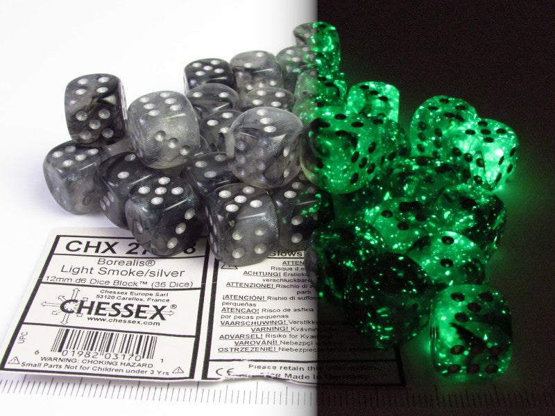 Set 36 6-zijdig, 12mm Borealis Luminary - Light Smoke w/silver