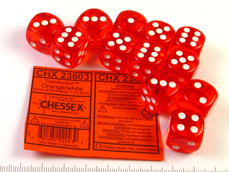 Set 12 6-zijdig, 16mm transparant oranje