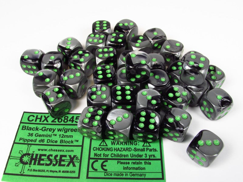 Set 36 st. 6-zijdig 12mm, Gemini black-grey w/green