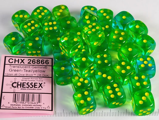 Set 36 6-zijdig 12 mm, Gemini Transp. Green-Teal w/yellow