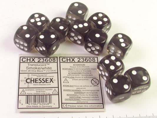 Set 12 6-zijdig, 16mm transparant donkergrijs met wit
