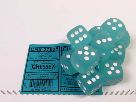 Set 12 6-zijdig, 16mm Frosted Teal w/white