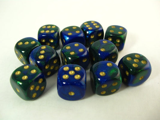 Set 12 st. 6-zijdig, 16mm Gemini blue-green w/gold