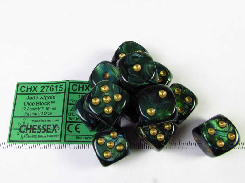 Set 12 6-zijdig, 16mm Scarab Jade w/gold