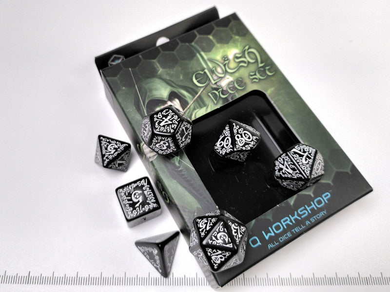Elven polydice set, zwart met wit