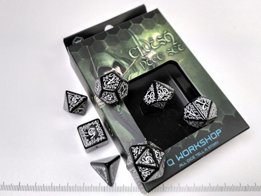 Elven polydice set, zwart met wit