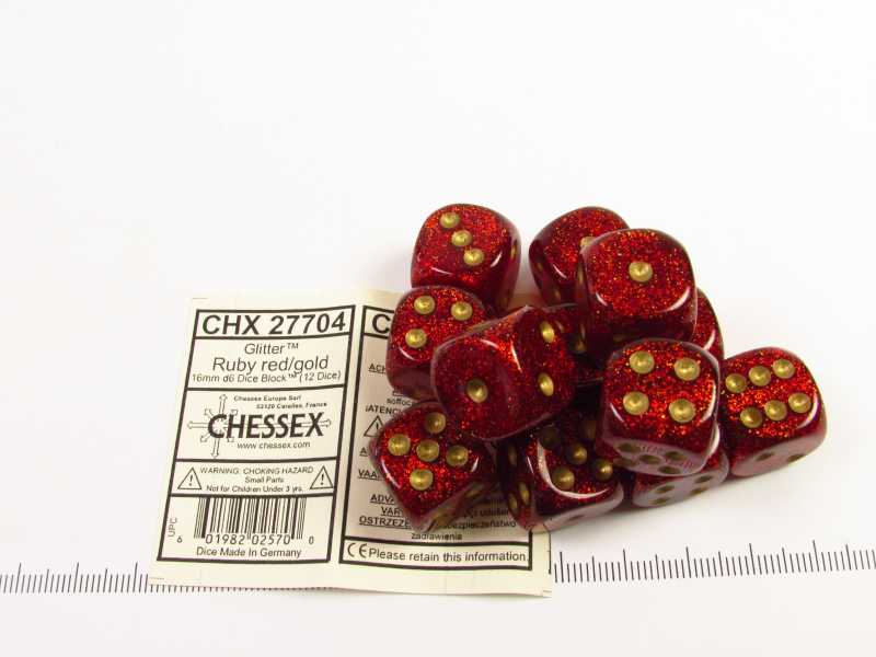 Set 12 6-zijdig, 16mm Glitter Ruby Red w/gold