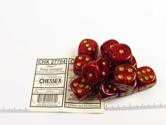 Set 12 6-zijdig, 16mm Glitter Ruby Red w/gold