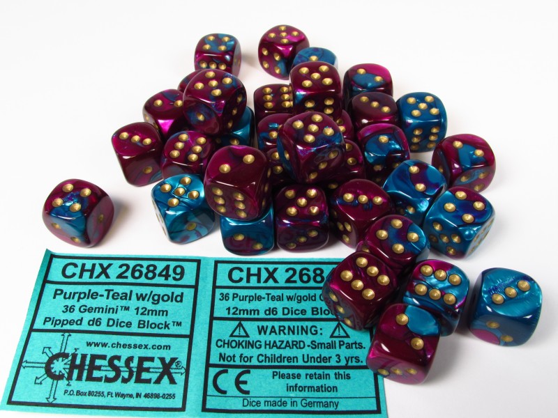 Set 36 6-zijdig 12mm, Gemini purple-teal w/gold