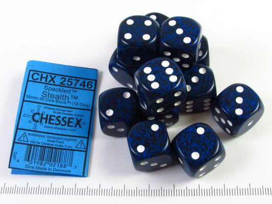 Set 12 6-zijdig, 16mm Speckled Stealth w/white