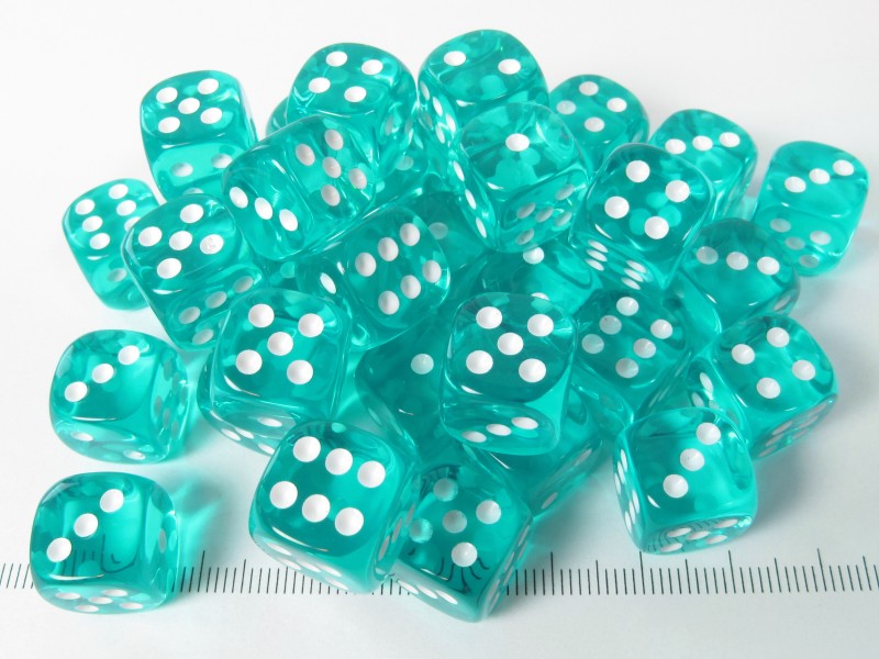 Set 36 6-zijdig, 12mm transparant turquoise