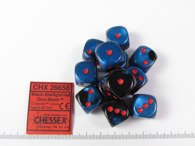 Set 12 st. 6-zijdig, 16mm Gemini Black-Starlight w/red