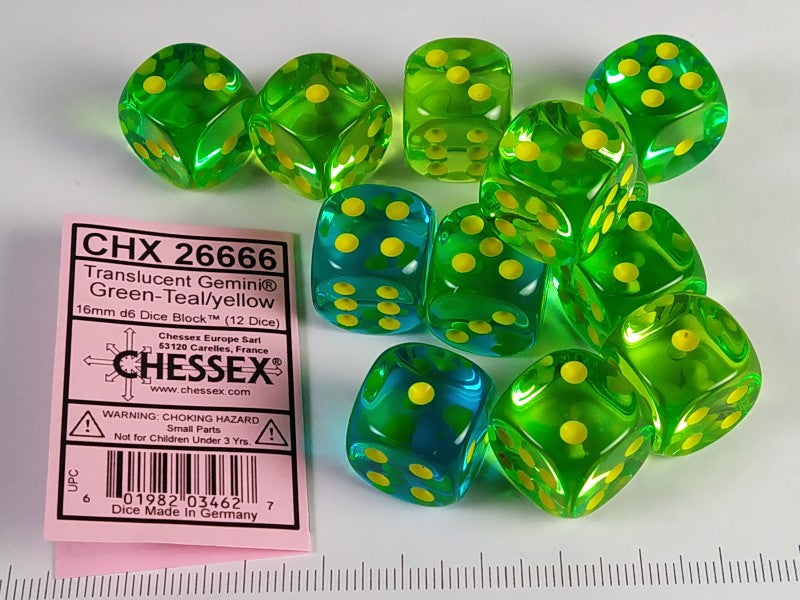 Set 12 6-zijdig, 16 mm, Gemini Transp. Green-Teal w/yellow
