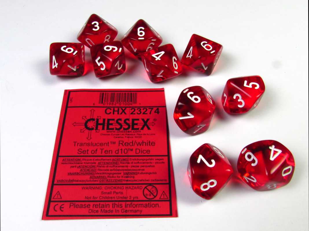 Set 10 10-zijdig, Translucent Red w/white