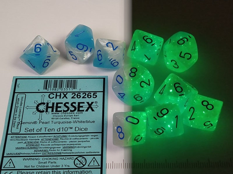 Set 10 10-zijdig, Gemini Pearl Turq.-White w/blue