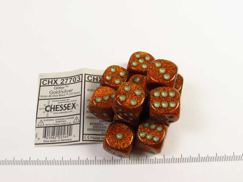 Set 12 6-zijdig, 16mm Glitter Gold w/silver