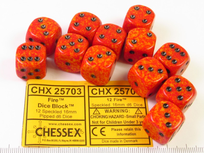 Set 12 6-zijdig, 16mm Speckled Fire