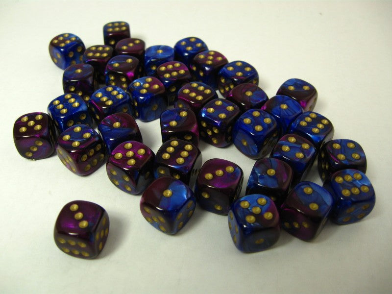 Set 36 6-zijdig, 12mm Gemini blue-purple w/gold