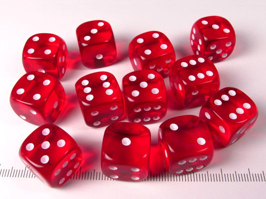 Set 12 6-zijdig, 16mm transparant rood