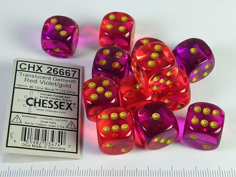 Set 12 6-zijdig, 16 mm, Gemini Transp. Red-Violet w/gold