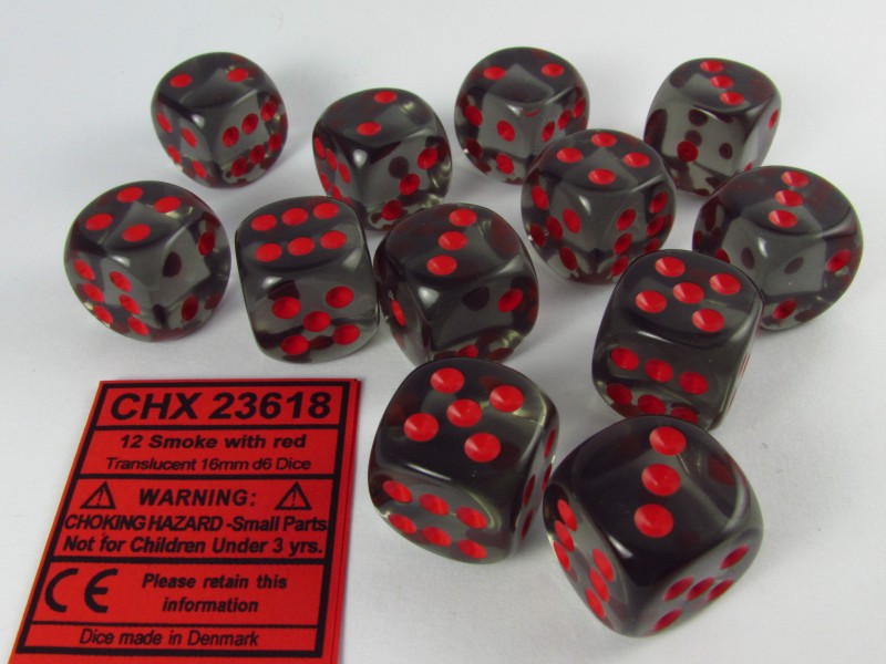 Set 12 6-zijdig, 16mm transparant donkergrijs met rood