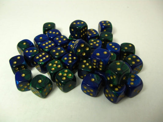 Set 36 6-zijdig, 12mm Gemini blue-green w/gold