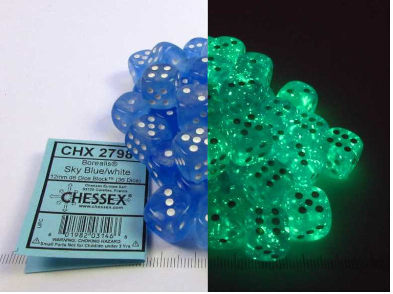 Set 36 6-zijdig, 12mm Borealis Luminary - Sky Blue w/white
