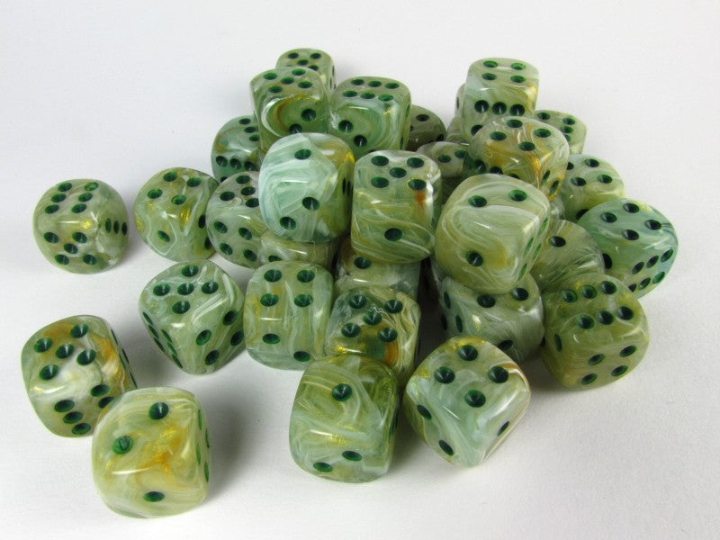 Set 36 6-zijdig, 12mm Marble green w/dark green