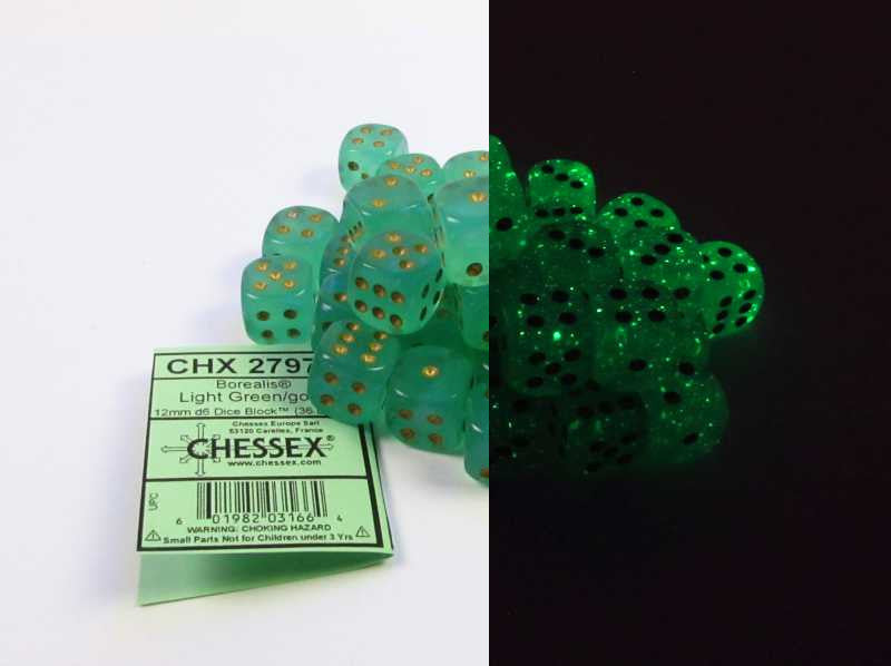 Set 36 6-zijdig, 12mm Borealis Luminary - Light Green w/gold