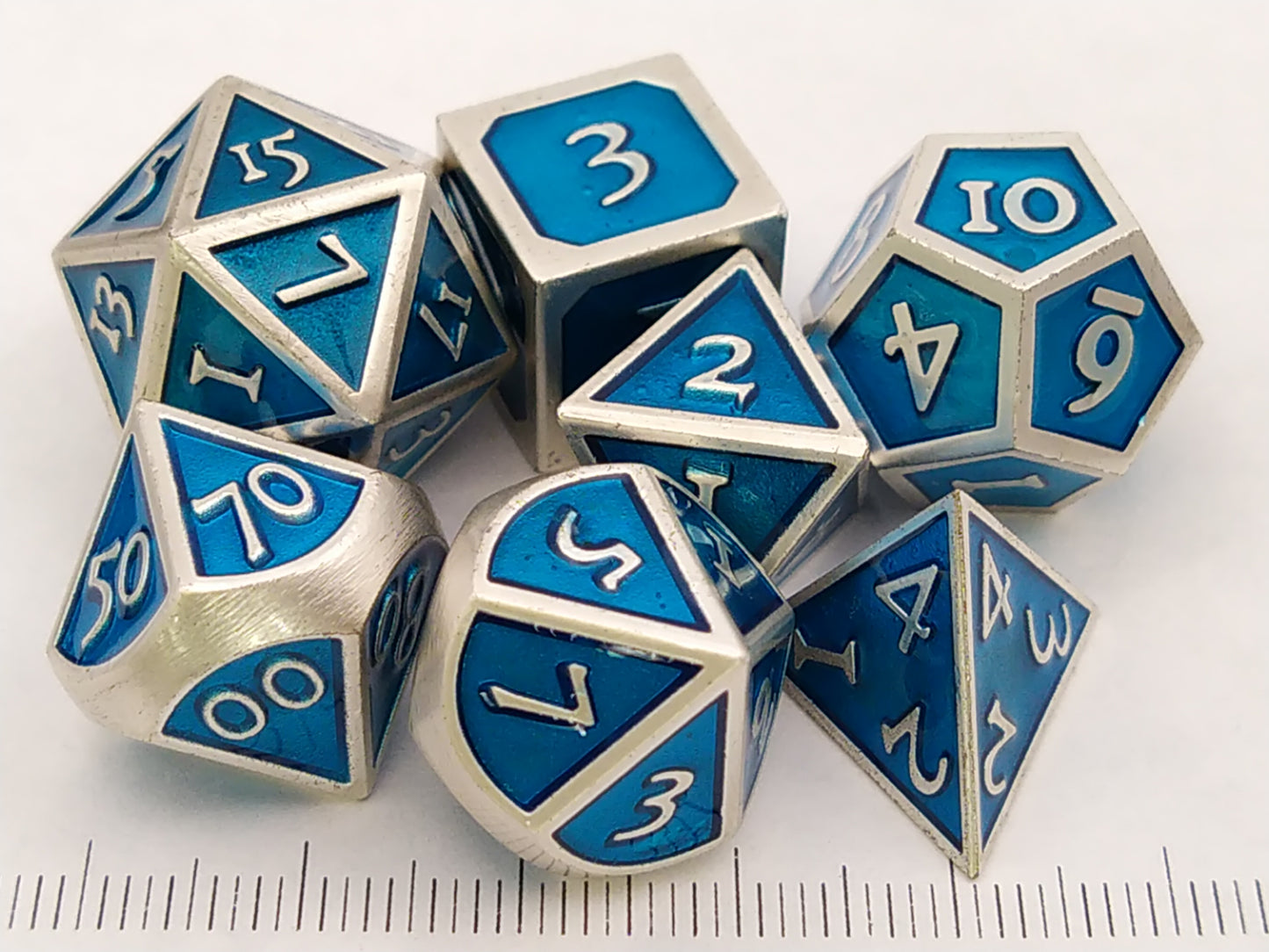 Enameled Metal Polydice Set - Silver with sky blue