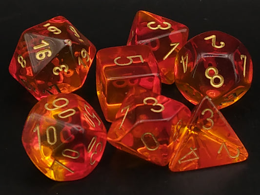 Set 7 polydice, Gemini Translucent Red-Yellow w/gold