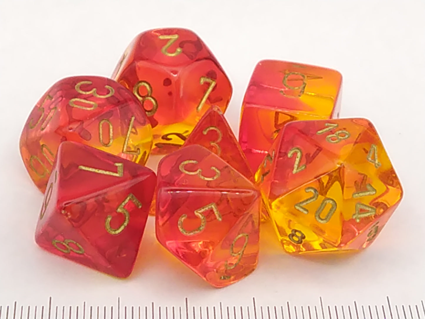 Set 7 polydice, Gemini Translucent Red-Yellow w/gold