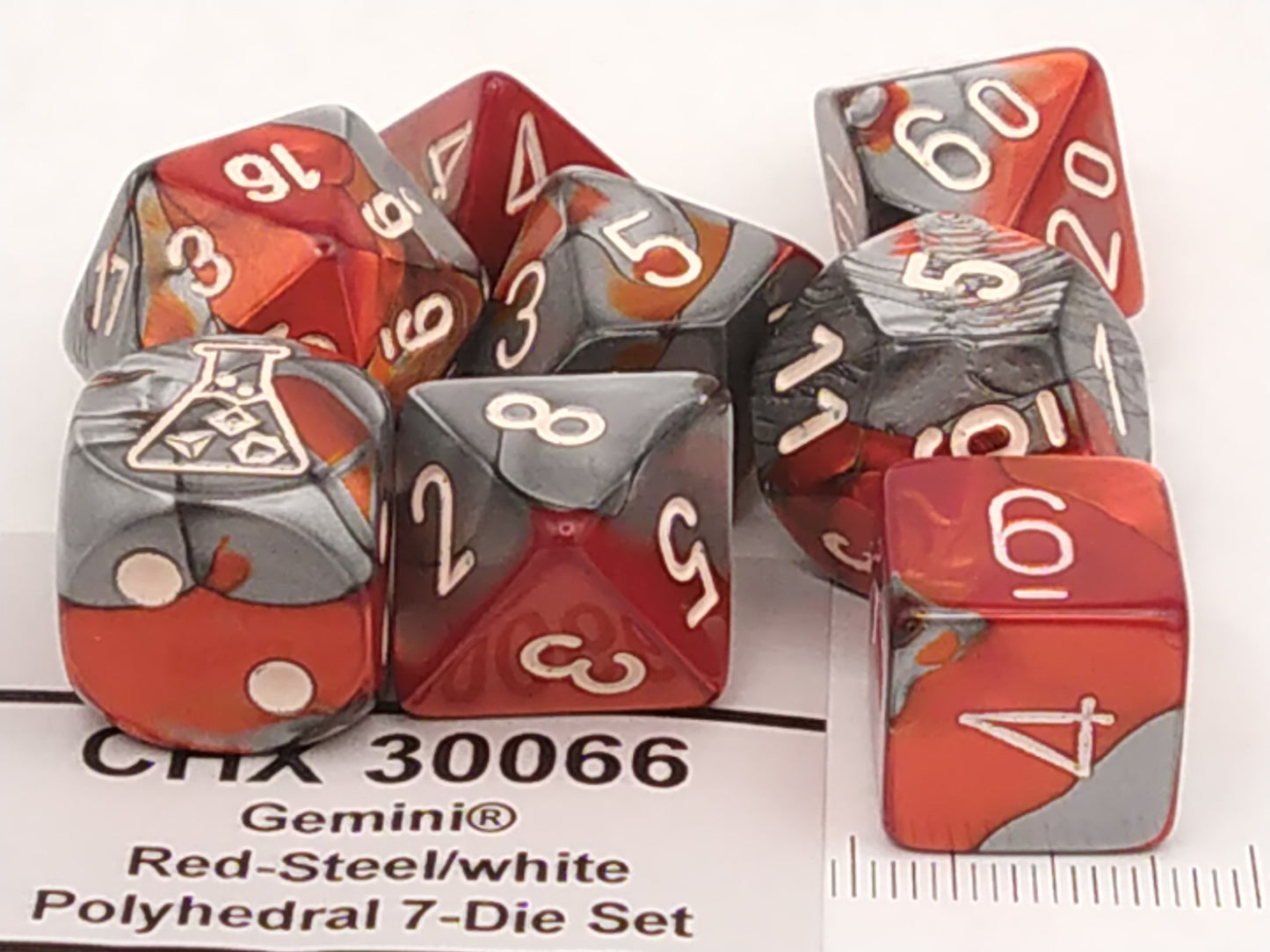 Lab polydice set, Gemini Red-Steel w/white