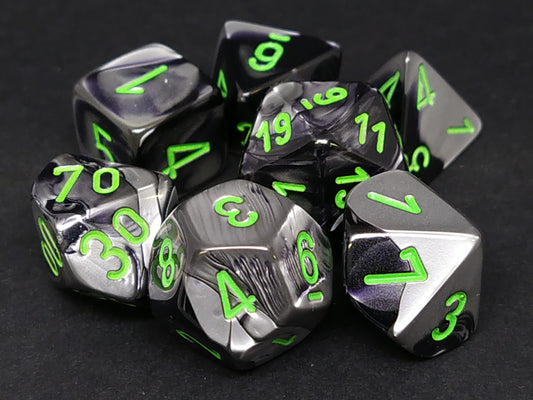 Set 7 polydice, Gemini black-grey w/green