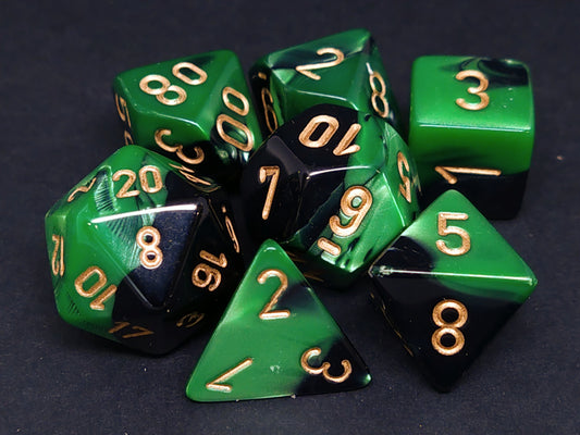 Set 7 polydice, Gemini black-green w/gold