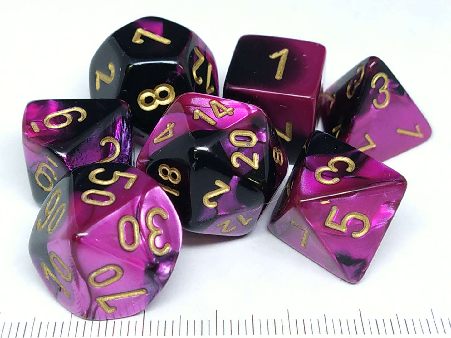 Set 7 polydice, Gemini black-purple w/gold