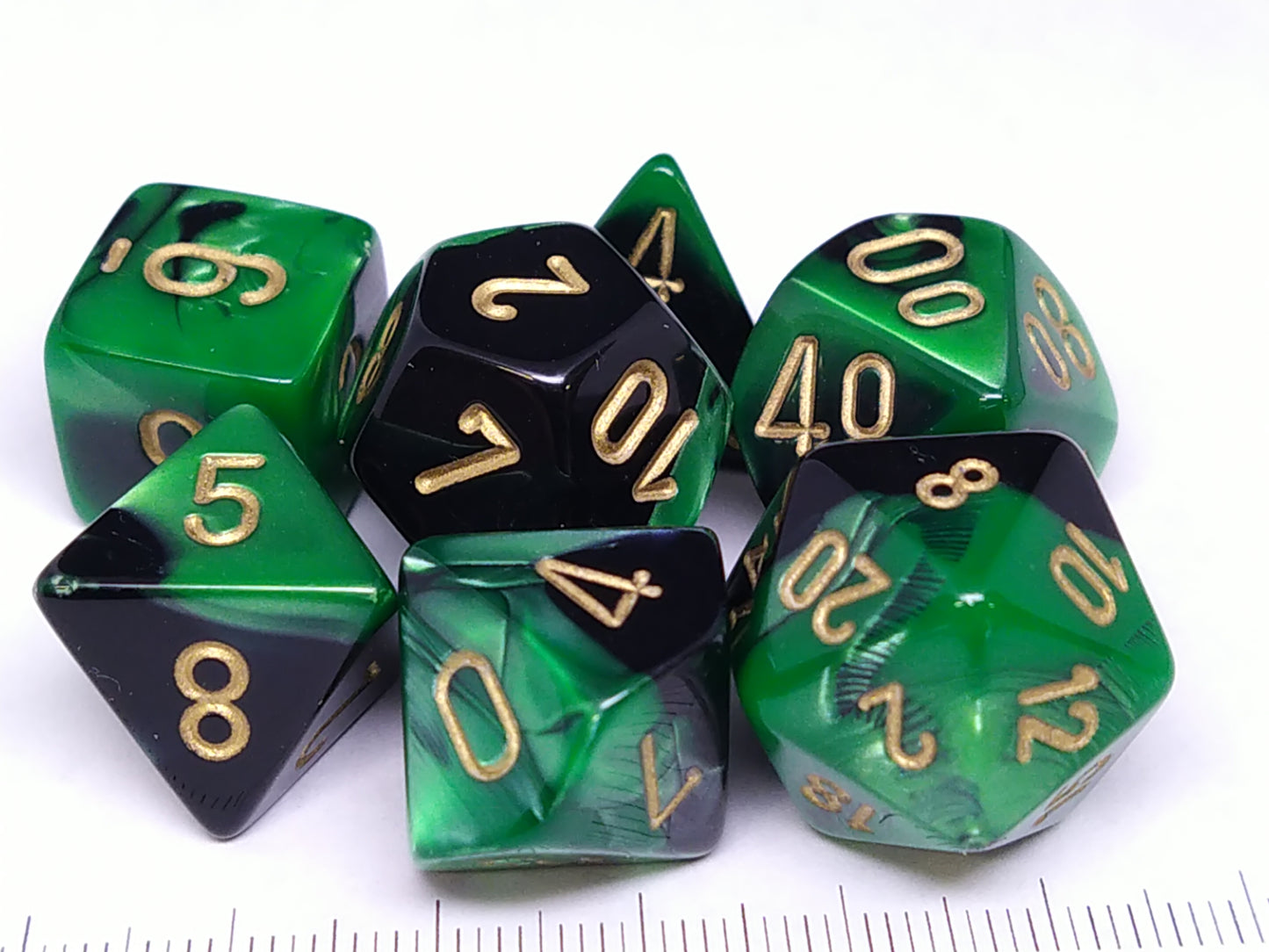 Set 7 polydice, Gemini black-green w/gold