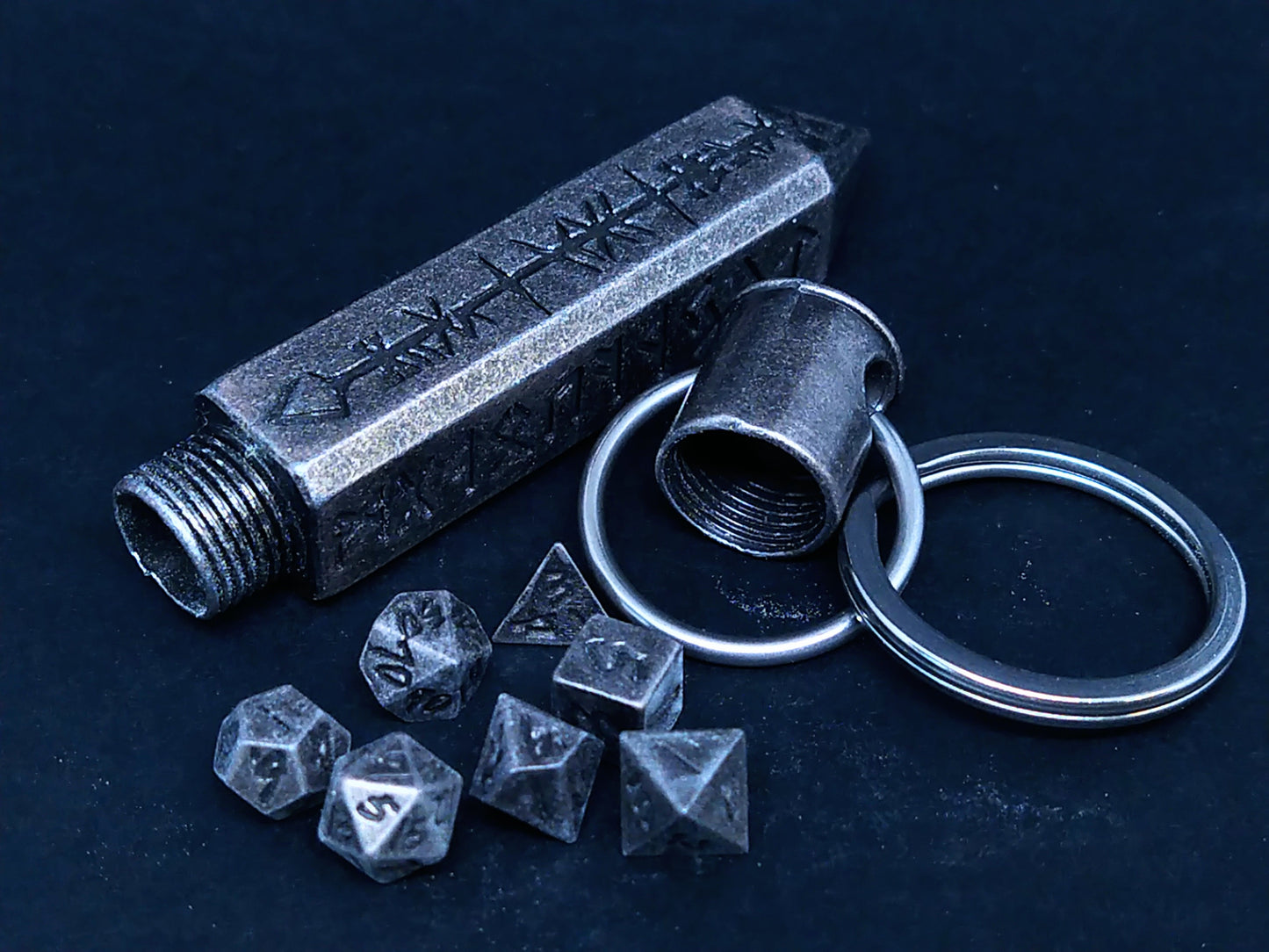 Runic Shard keychain, with mini metal dice